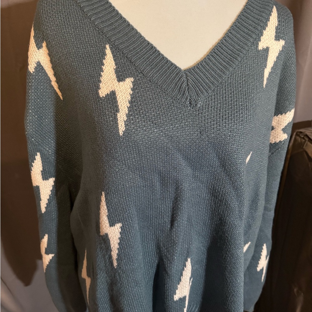 DAVI & DANI Teal V-Neck Sweater with White Lightning Bolts